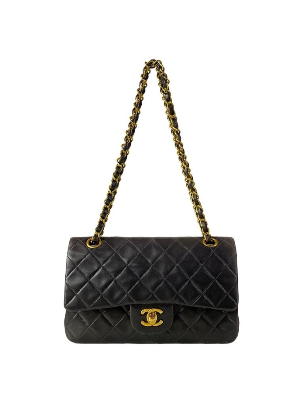 Chanel Shoulder Bag Double Flap Quilted Black Gold Chain Lambskin